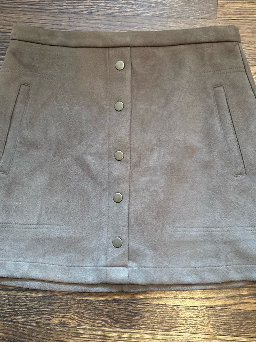 The Impeccable Pig Taupe Suede Button-Front Mini Skirt